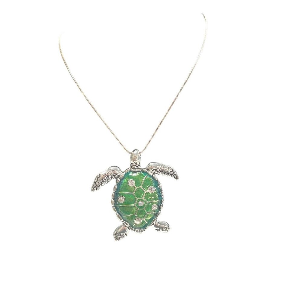 Green Enamel Sea Turtle Pendant Necklace‎ Silver Tone Chain Rhinestones Ocean